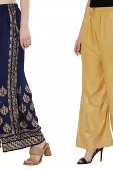 Women Navy & Peach Combo Set Gold Print Palazzo-Pants (Free Size)