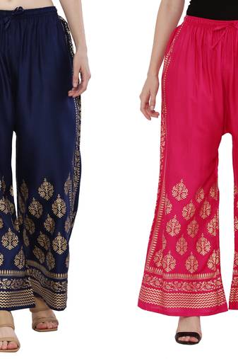 Women Navy & Pink Combo Set Gold Print Palazzo-Pants (Free Size)