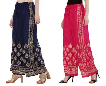 Women Navy & Pink Combo Set Gold Print Palazzo-Pants (Free Size) 2