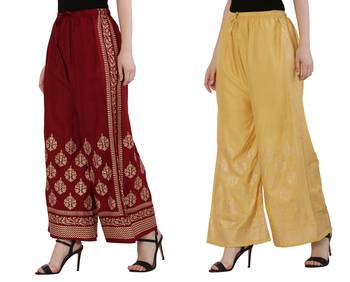 Women Maroon & Peach Combo Set Gold Print Palazzo-Pants (Free Size) 2