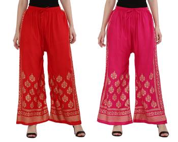Women Red & Pink Combo Set Gold Print Palazzo-Pants (Free Size) 1