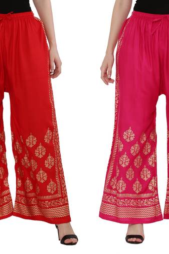 Women Red & Pink Combo Set Gold Print Palazzo-Pants (Free Size)