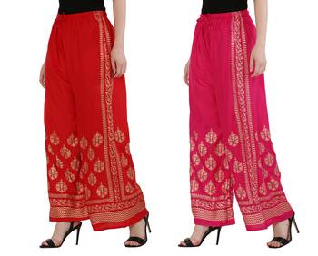 Women Red & Pink Combo Set Gold Print Palazzo-Pants (Free Size) 2