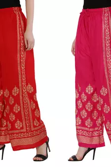 Women Red & Pink Combo Set Gold Print Palazzo-Pants (Free Size)