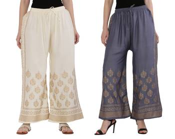 Women Cream & Bluish Grey Combo Set Gold Print Palazzo-Pants (Free Size) 1