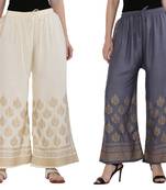 Women Cream & Bluish Grey Combo Set Gold Print Palazzo-Pants (Free Size)