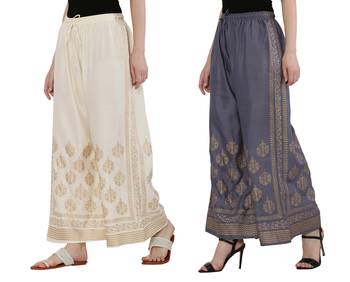 Women Cream & Bluish Grey Combo Set Gold Print Palazzo-Pants (Free Size) 2