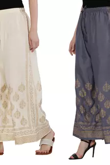 Women Cream & Bluish Grey Combo Set Gold Print Palazzo-Pants (Free Size)