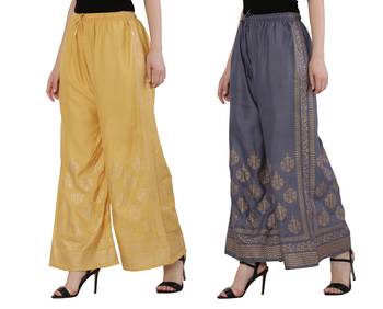 Women Peach & Bluish Grey Combo Set Gold Print Palazzo-Pants (Free Size) 2