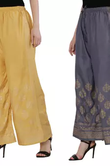 Women Peach & Bluish Grey Combo Set Gold Print Palazzo-Pants (Free Size)