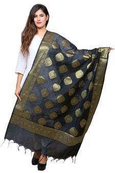 Banjara India Women's Banarasi Kora Silk Alia Butti Dupatta- Black