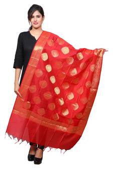 Banjara India Women's Banarasi Kora Silk Alia Butti Dupatta- Red