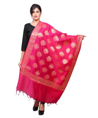 Banjara India Women's Banarasi Kora Silk Alia Butti Dupatta- Pink 1