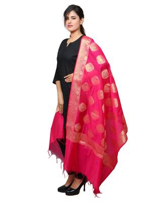 Banjara India Women's Banarasi Kora Silk Alia Butti Dupatta- Pink 2
