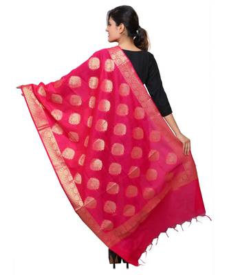 Banjara India Women's Banarasi Kora Silk Alia Butti Dupatta- Pink 3