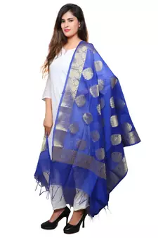 Banjara India Women's Banarasi Kora Silk Alia Butti Dupatta- Blue