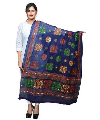 Banjara India Women's Pure Cotton Aari Embroidery & Foil Mirrors Dupatta (Chakachak) Dark Blue - CHK15 1