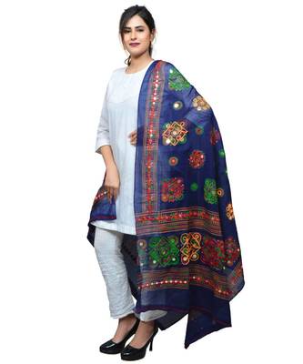 Banjara India Women's Pure Cotton Aari Embroidery & Foil Mirrors Dupatta (Chakachak) Dark Blue - CHK15 2