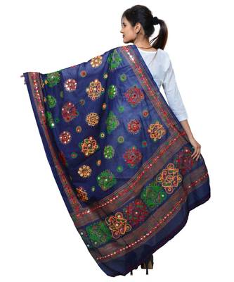 Banjara India Women's Pure Cotton Aari Embroidery & Foil Mirrors Dupatta (Chakachak) Dark Blue - CHK15 3