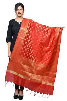 Banjara India Women's Banarasi Kora Silk Zari Dupatta - Leaf-Red