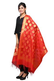 Banjara India Women's Banarasi Kora Silk Polka Dot Butti Dupatta- Red