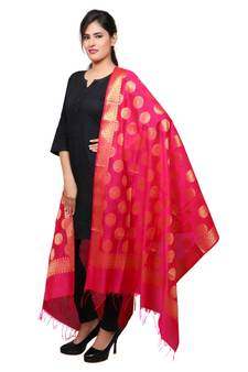 Banjara India Women's Banarasi Kora Silk Polka Dot Butti Dupatta- Pink
