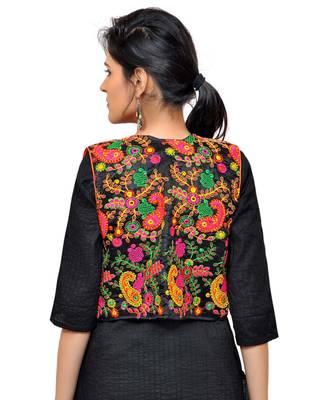 Banjara India Women's Dupion Silk Kutchi Embroidered Sleeveless Short Jacket/Koti/Shrug (Keri Allover) 2