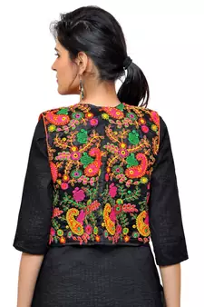 Banjara India Women's Dupion Silk Kutchi Embroidered Sleeveless Short Jacket/Koti/Shrug (Keri Allover)