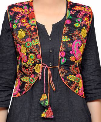 Banjara India Women's Dupion Silk Kutchi Embroidered Sleeveless Short Jacket/Koti/Shrug (Keri Allover) 3