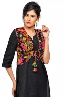 Banjara India Women's Dupion Silk Kutchi Embroidered Sleeveless Short Jacket/Koti/Shrug (Keri Allover)