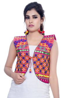 Banjara India Women's Cotton Blend Kutchi Embroidered Sleeveless Short Jacket/Koti/Shrug