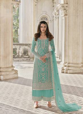 Sea-green embroidered net salwar 1