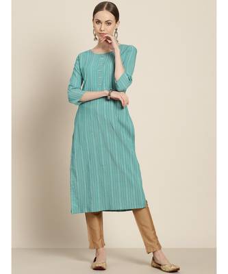 Mohvogue Women's Sea Green Embellished Polycotton Kurta 1