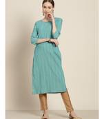 Mohvogue Women's Sea Green Embellished Polycotton Kurta