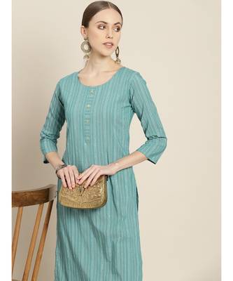 Mohvogue Women's Sea Green Embellished Polycotton Kurta 2