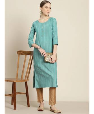 Mohvogue Women's Sea Green Embellished Polycotton Kurta 3