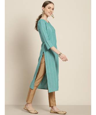 Mohvogue Women's Sea Green Embellished Polycotton Kurta 4