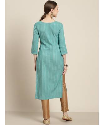 Mohvogue Women's Sea Green Embellished Polycotton Kurta 5