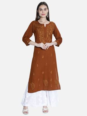 Seva Chikan Hand Embroidered Brown Rayon Chikankari-Kurtis 1