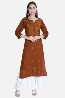 Seva Chikan Hand Embroidered Brown Rayon Chikankari-Kurtis