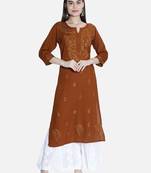 Seva Chikan Hand Embroidered Brown Rayon Chikankari-Kurtis
