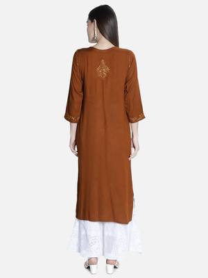 Seva Chikan Hand Embroidered Brown Rayon Chikankari-Kurtis 2
