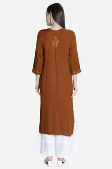 Seva Chikan Hand Embroidered Brown Rayon Chikankari-Kurtis