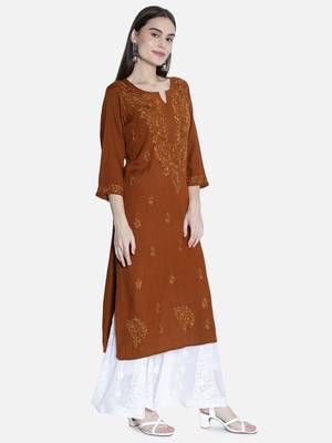 Seva Chikan Hand Embroidered Brown Rayon Chikankari-Kurtis 3