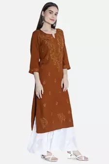Seva Chikan Hand Embroidered Brown Rayon Chikankari-Kurtis