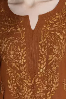 Seva Chikan Hand Embroidered Brown Rayon Chikankari-Kurtis