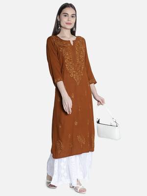 Seva Chikan Hand Embroidered Brown Rayon Chikankari-Kurtis 5
