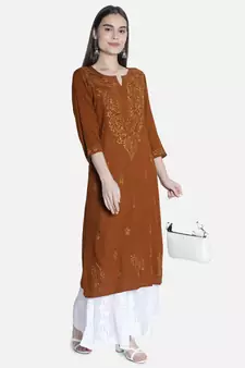Seva Chikan Hand Embroidered Brown Rayon Chikankari-Kurtis