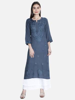 Hand Embroidered Grey Rayon Lucknowi Chikankari Kurti 1