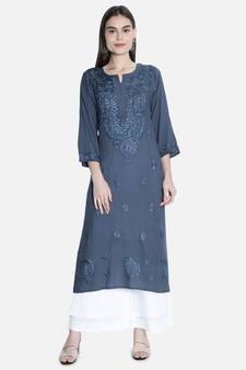 Hand Embroidered Grey Rayon Lucknowi Chikankari Kurti